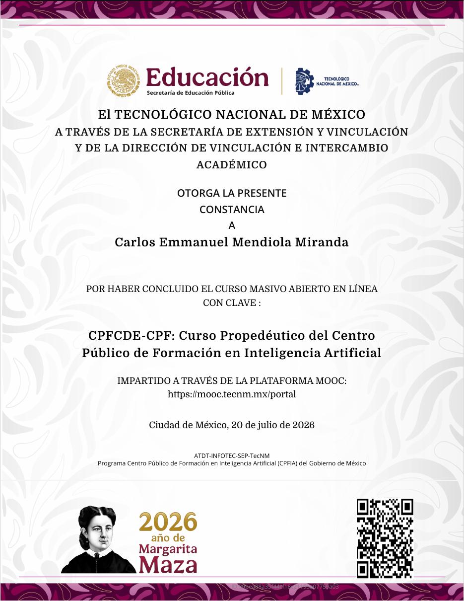 Constancia del curso propedéutico del Centro Público de Formación en Inteligencia Artificial