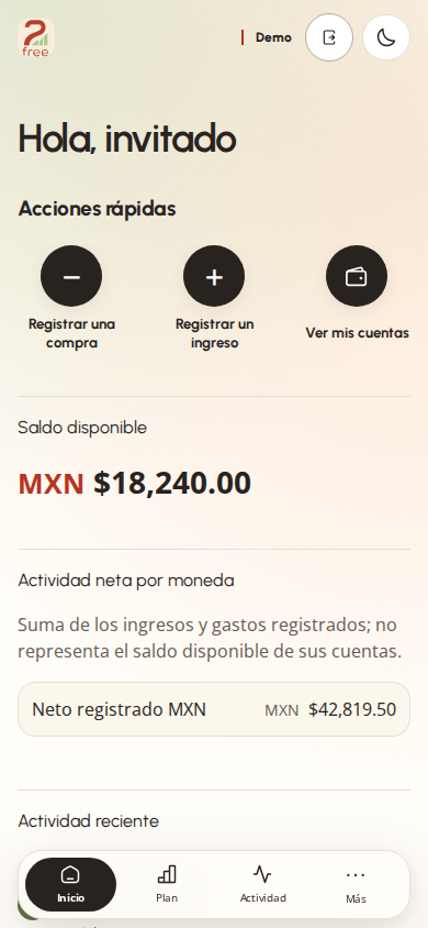 Interfaz de demostración de 2 Free con datos ficticios.